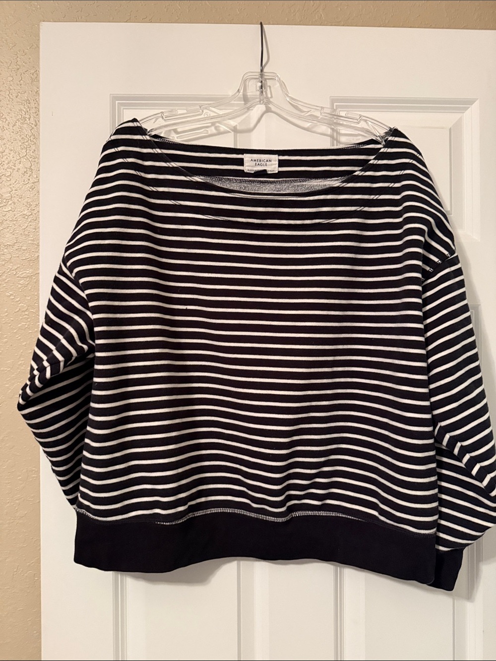 American Eagle Outfitters Black & White Striped Off-the-Shoulder Sweatshirt